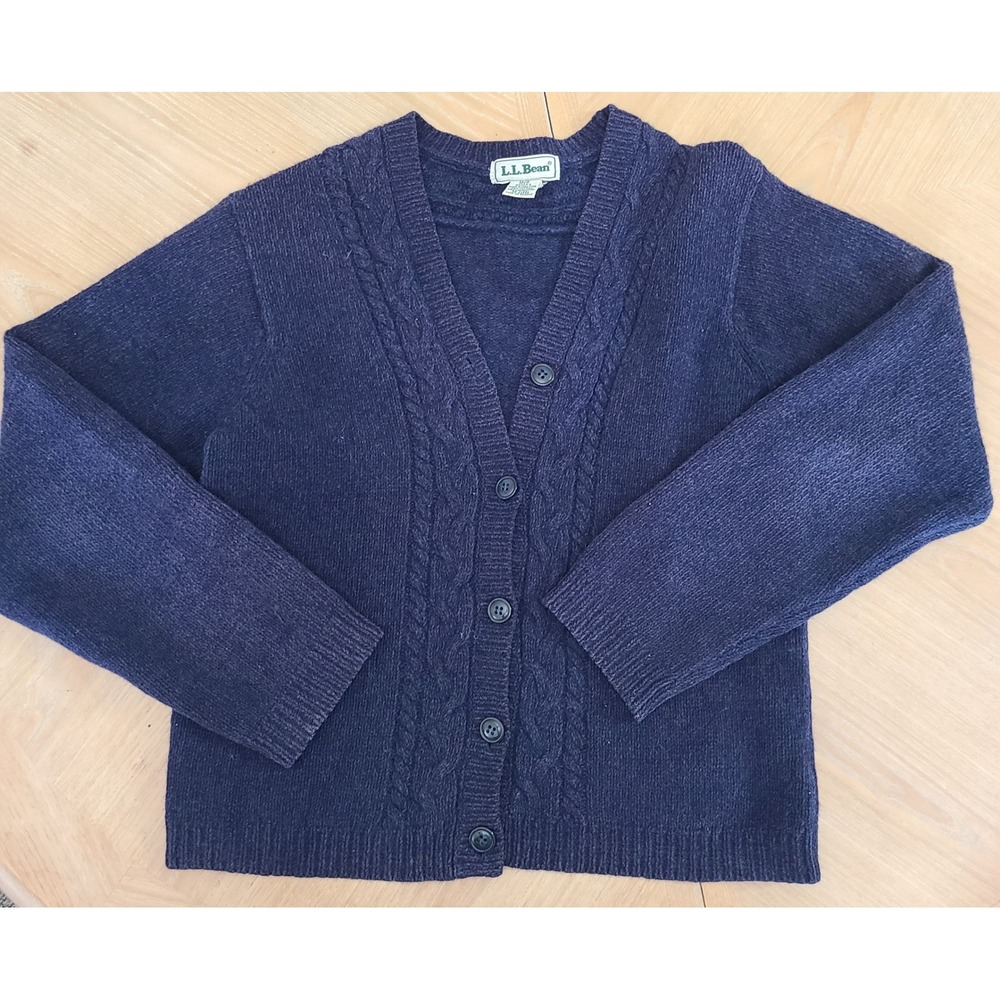 LL Bean Cardigan Women Medium Navy Blue Good Cable Knit Cotton Lambswool V-Neck